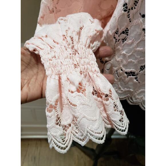 Free People Olivia Romantic Pink Lace Round Neck Flare Sleeve Blouse Size XS - Picture 5 of 15
